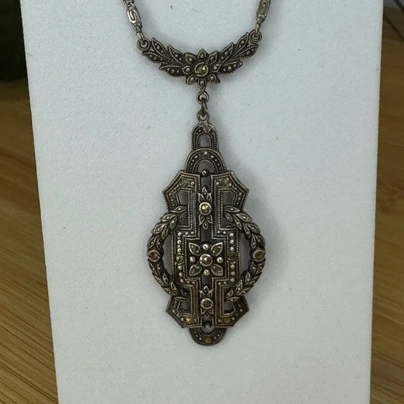 Antique Art Deco Sterling Silver Marcasite Pendant Necklace